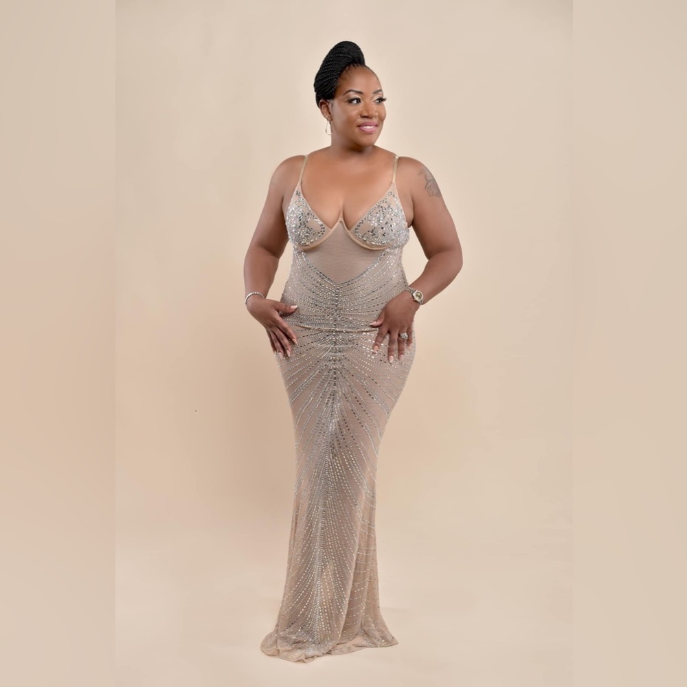 Narmada Nude Mesh Sheer Rhinestones Maxi Dress. Bikini is new. Photoshoot only.